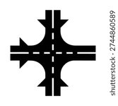 Top View Four-Way Road Intersection Icon with Directional Arrows and Traffic Lane Markings