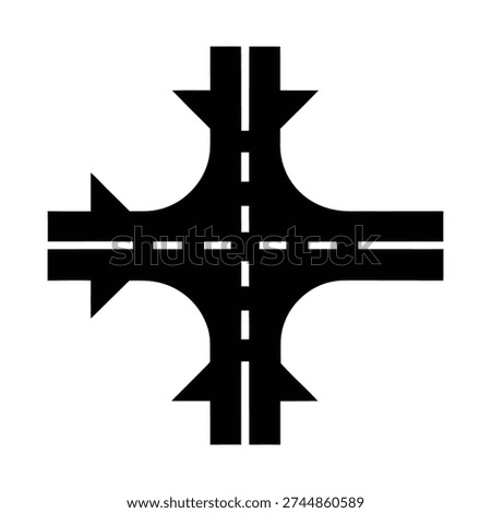 Top View Four-Way Road Intersection Icon with Directional Arrows and Traffic Lane Markings
