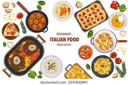 Top-Blickrichtung der italienischen Küche, klassisches italienisches Essensset mit Nudeln und Fleischbällen, Pizza, Focaccia, Gemüse, Design Vorlage handgezeichnet Skizze Vektorgrafik.