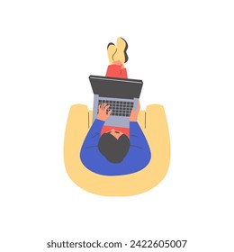 Top view of freelancer man sitting in the armchair at home and working on laptop online. Overhead view on young character using computer holding digital device on knees vector illustration