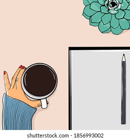 Top view of freelancer woman drinking coffee and notepad with copy space, placed on desk with  flower. Mock up. Vector