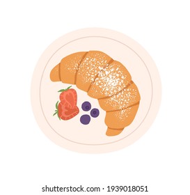 Top view of french croissant with fruits on plate. Bakery with sugar powder and berries isolated on white background. Colored flat vector illustration of sweet dessert