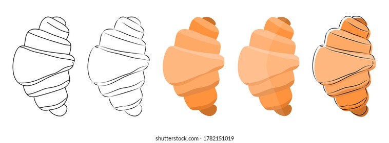 top view of french croissant in hand-drawn sketch, cartoon, flat orange and brown color, with outline style, stock vector illustration clip art objects, design element isolated on white background