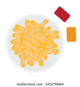 Top view of a french fries on a plate with sauces - Vector
