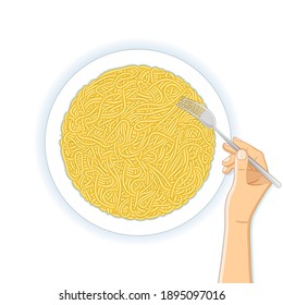 Top view of fresh delicious plate of asian ramen noodles and hand with fork on white background. Vector illustration.