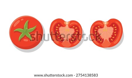 Top view of fresh red tomatoes and half slice in white background