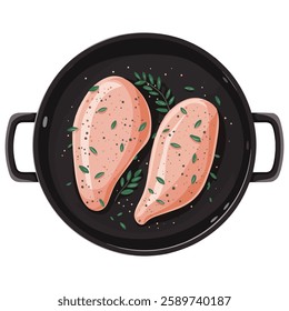 Top View of Fried Chicken Breast with Sauce and Spices Cartoon Style