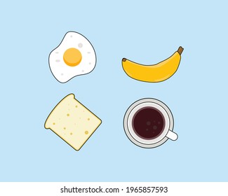 Top view: fried egg, banana, bread, cup of hot coffee. Moring or breakfast concept. Cartoon vector style for your design.