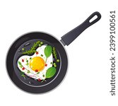 Top view of fried eggs in heart shape with fresh plants on frying pan