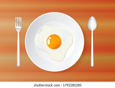 Top view of fried eggs on Plate with fork and spoon. Vector illustration.