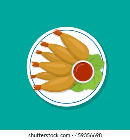 Top view, Fried prawn on white plate, vector food