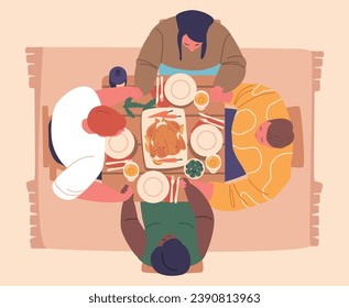 Top View Friends or Family Characters Gathered Around Festive Table, Bow Heads In Christmas Prayer, Expressing Gratitude