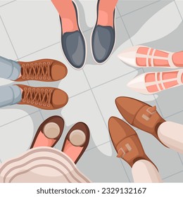 Vista superior de las piernas de los amigos en zapatos parados en la ilustración del vector circular. Caricatura de varias moda calzado de verano a los pies de la gente, conocer a hombres y mujeres en zapatos de cuero, monos y zapatillas de deporte