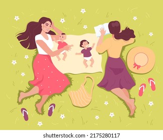 Top view of friends or lesbian couple lying on grass with babies. Moms having picnic in park flat vector illustration. Family, parenting, summer concept for banner, website design or landing web page