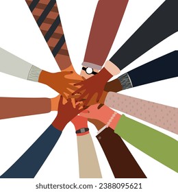 top view Friends with stack of hands showing unity and teamwork. Teamwork concept. team putting their hands together.