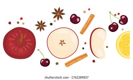 Top view fruit and herb, spice, ingredients, recipe illustration in theme of healthy food of winter and fall season. Red apple, cherry, lemon, cinnamon, star anise, pepper Isolated on white background