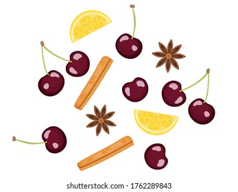 Top view fruit and herb, spice, ingredients, recipe illustration in theme of healthy food of winter and fall season.  Cherry, lemon, cinnamon, star anise. Isolated on white background