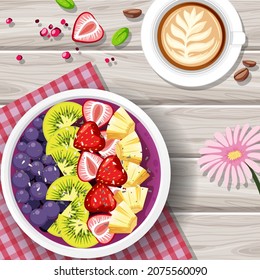 Top view of fruit salad on wooden table illustration
