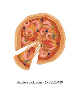 Vista superior de pizza de camarón con especias y gruesa costra y segmento con queso fundido. Comida italiana hecha a mano con aceitunas y tomates. Ilustración del vector aislada en fondo blanco