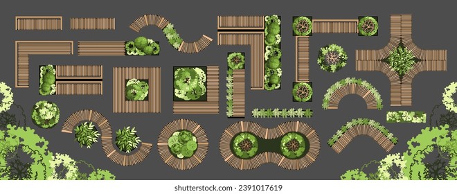 Top view of furniture for the architectural landscape plans. Benches with trees and greens. Entourage design. Various outdoor furniture. Vector illustration.