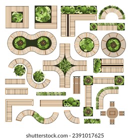 Top view of furniture for the architectural landscape plans. Benches with trees and greens. Entourage design. Various outdoor furniture. Vector illustration.