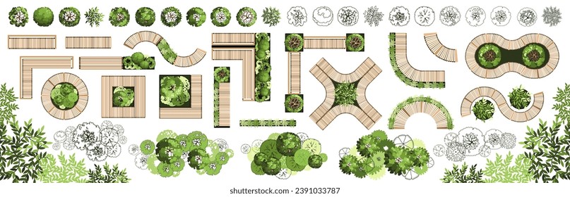 Top view of furniture for the architectural landscape plans. Benches with trees and greens. Entourage design. Various outdoor furniture. Vector illustration.