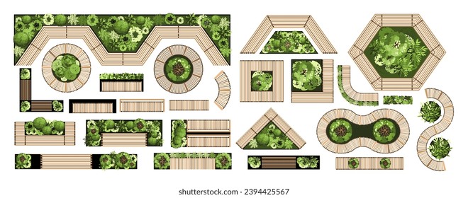 Top view of furniture for the architectural landscape plans. Benches with trees and greens. Entourage design. Various outdoor furniture. Vector illustration.