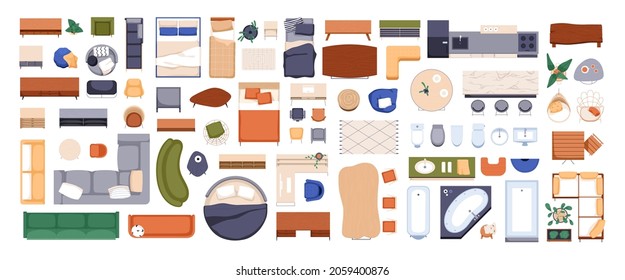 Top view of furniture icons for interior design plan, apartment project and layout. Sofa, bed, armchair and table set for home rooms and offices. Flat vector illustration isolated on white background