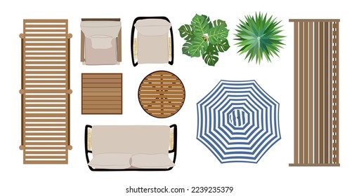 Top view of furniture icons for interior and landscape design plan. Sunbed, armchairs, table, plant for garden, terrace, patio, porch zone. Vector realistic illustration isolated on white background