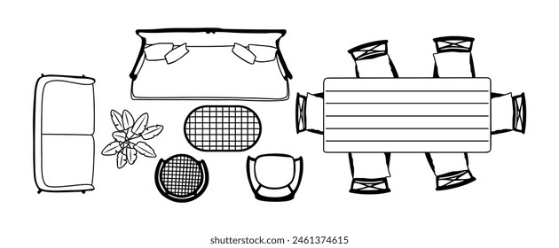 Vista superior de los iconos de muebles para el interior, Plan de diseño paisajístico. Sofá, sillones, sillas, planta, mesa, terraza, patio, jardín, zona de porche. Dibujos de contorno de Vector aislados sobre fondo blanco.