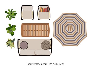 Vista superior de los iconos de muebles para el interior, Plan de diseño paisajístico. Sofás, almohadas, sillones, mesa, plantas, sombrilla, terraza, patio, jardín, zona de porche. Ilustraciones vectoriales sobre fondo blanco.