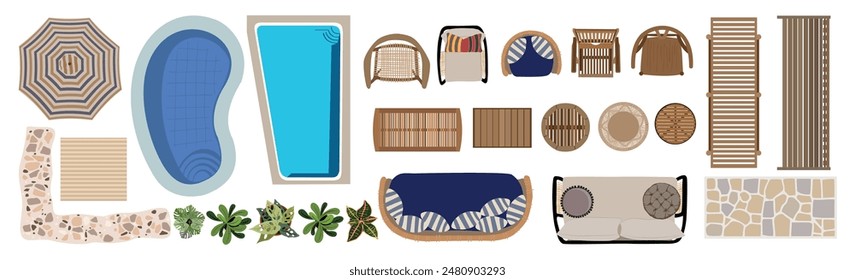 Vista superior de los iconos de muebles para el Plan de diseño de interiores y paisajes. Cama de sol, sofá, tumbona, sillones, mesa, piscina, sombrilla, terraza, patio, jardín, zona de porche. Ilustración vectorial aislada.