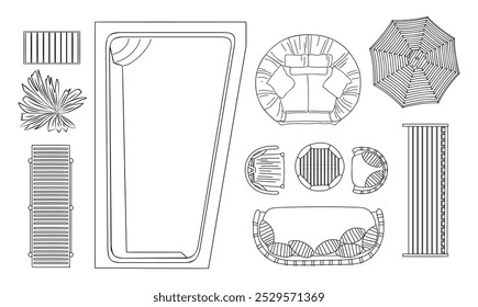 Top view of furniture icons for interior and landscape design plan. Pool, armchairs, sofa, table, terrace, patio, garden, porch zone. Vector outline sketch drawing isolated on white background.