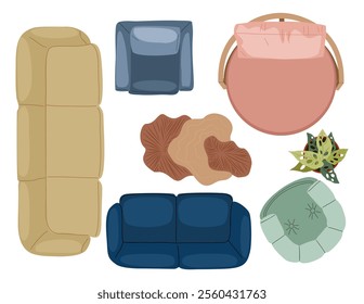 Top view of furniture for interior design plan, apartment project. Sofa, house plant, armchair, coffee table set for living room. Flat vector illustration on white background