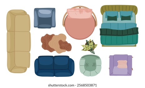 Top view of furniture for interior design plan, apartment project. Sofa, bed, house plants, armchair, tables set for home rooms and offices. Realistic vector illustration on white background