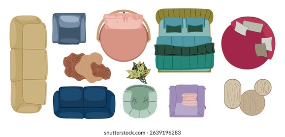 Top view of furniture for interior design plan, apartment project. Sofa, bed, house plants, armchair, tables set for home rooms and offices. Realistic vector illustration on white background