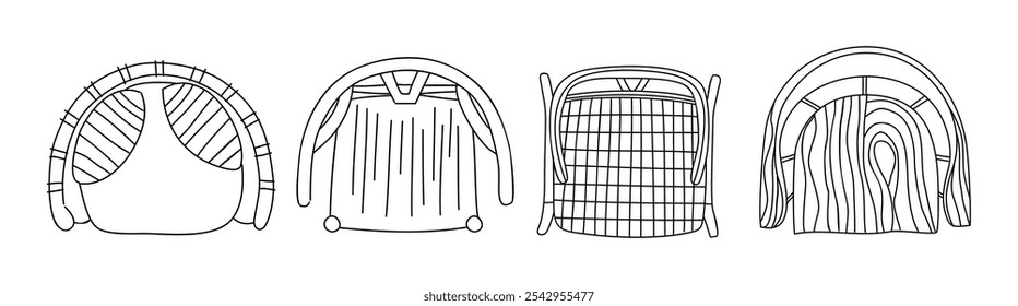 Top view of furniture line art  for interior and landscape design plan. Different chairs and armchairs for terrace, patio, garden, porch zone. Vector sketch illustrations on white background.