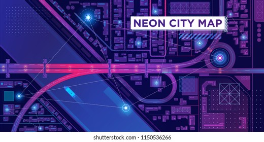 Top view of futuristic smart city map. Virtual digital communication city network. Spy technology illustration.