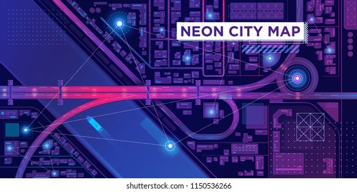 Top View Of Futuristic Smart City Map. Virtual Digital Communication City Network. Spy Technology Illustration.