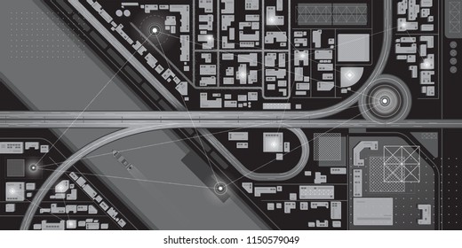 Top View Of Futuristic Smart City Map. Virtual Digital Communication City Network. Spy Technology Illustration.