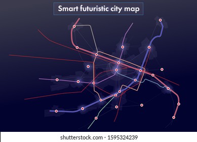 Top View Of Futuristic Smart City Transport Map. Virtual Digital Communication City Network. 
Neon Abstract Map Of City Roads. Transportation Network, Illustration For Application And Animation.