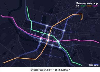 Top view of futuristic smart city transport map. Virtual digital communication city network. 
Neon abstract map of city roads. Transportation network, illustration for application and animation.