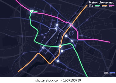 Top view of futuristic smart city transport map. Virtual digital communication city network. 
Neon abstract map of city roads. Transportation network, illustration for application and animation.