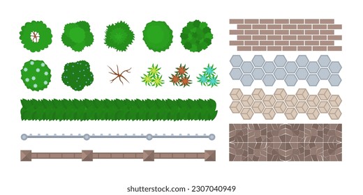 Draufsicht auf Gartendekoration Vektorgrafiken Set. Cartoon Zeichnung von Wegen, Zäunen, Büschen und Blumen für den Garten auf weißem Hintergrund. Umwelt, Gartenbau