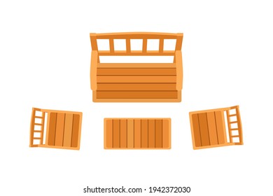 Top view garden and park furniture. Wooden bench and chairs isolated on white background. Cartoon flat style. Vector illustration