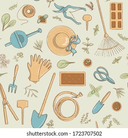 Top view gardening icon seamless pattern set. Collection of useful horticulture tools spade, hat etc. cartoon vintage style, vector illustration. For prints, food design, health style hobby menu, labe