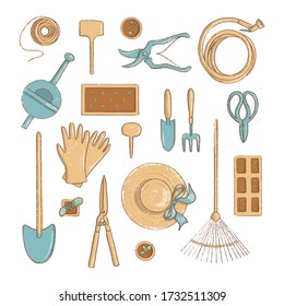 Top view gardening icon set. Collection of useful horticulture tools spade, hat etc. cartoon vintage style, vector illustration. For prints, food design, health style hobby menu, labels, tag