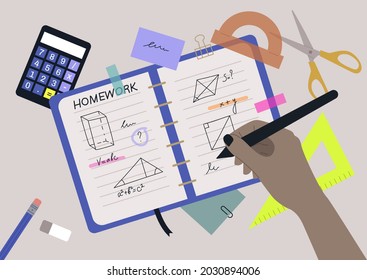A Top View Of A Geometry Class Homework, A Stationery Set