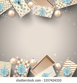 Top view of gift box for Christmas with New years Poster and Template. Decoration elements for retail, Shopping for Christmas and New years concept. Vector illustration design.