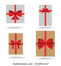 top view of gift box with red bow,flat design on white background,gift box for business and design. Design elements